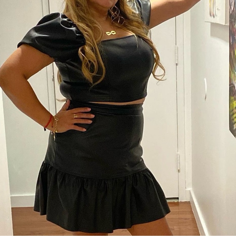 2 piece Black Pleather Skirt Set